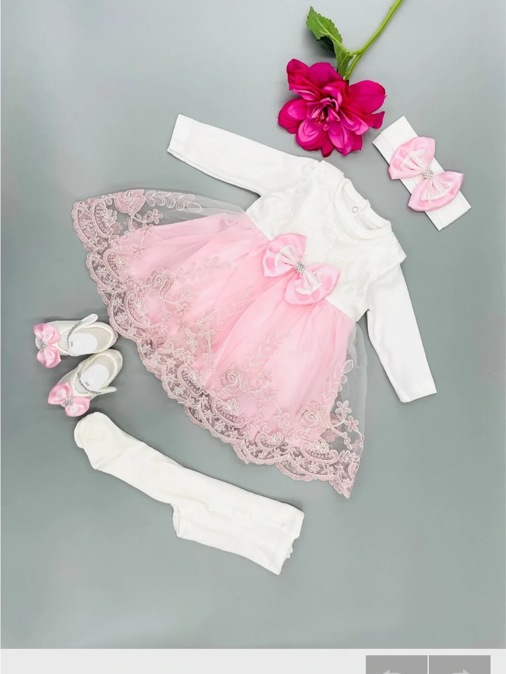 Baby Girl Pink Lace Bow Dress with Headband & Shoes